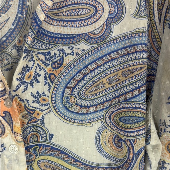 Chico's Dotted Swiss Semi-Sheer Blue, Coral & White Paisley 3/4 Sleeve Blouse 3 - Picture 7 of 12